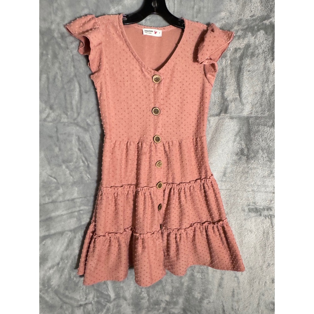 Beautees Girls Pink Clip Dot Tiered Dress Flutter Sleeve Size 7 MDL#027909084K